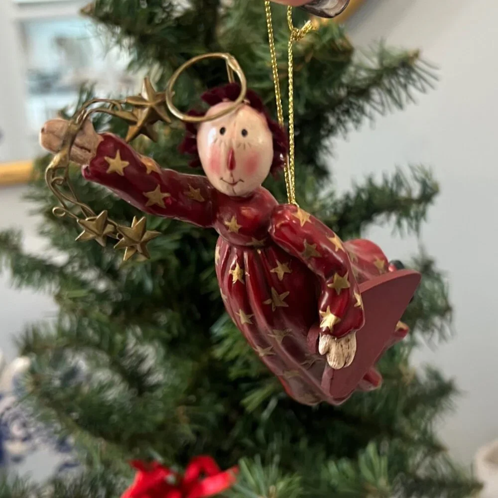 MARY BETH BAXTER RAGGEDY ANN Vintage Primitive Ornament Flying Angel Stars Red
